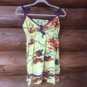 Lagaci Sport Yellow Floral Retro Smocked Back Babydoll Longline Tank Top Size XL